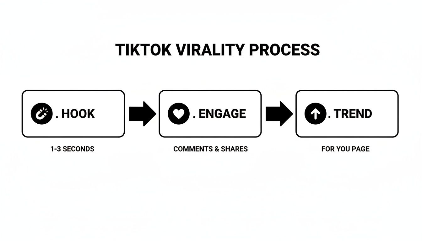 A flowchart titled 'TikTok Virality Process' showing steps: Hook (1-3 seconds), Engage (comments & shares), and Trend (For You Page).
