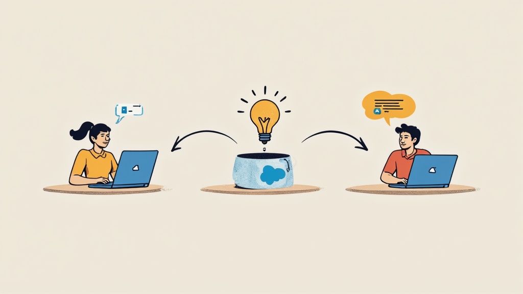 Illustration de collaboration numérique montrant deux personnes travaillant ensemble via un système centralisé cloud