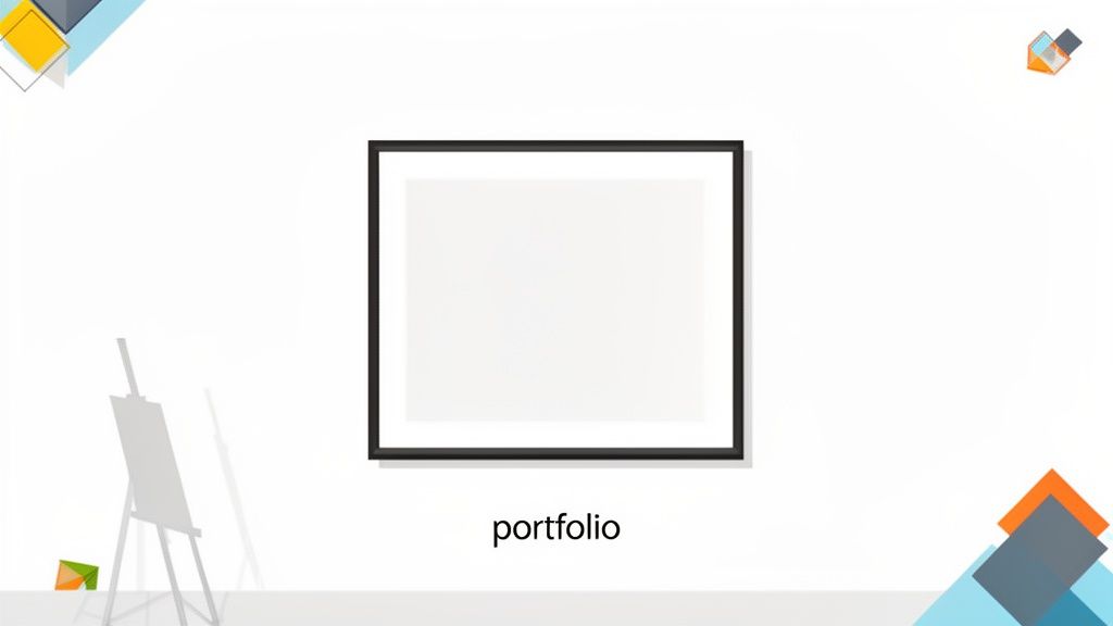 White room with a blank black-framed picture, 'portfolio' text, easel, and colorful abstract shapes.