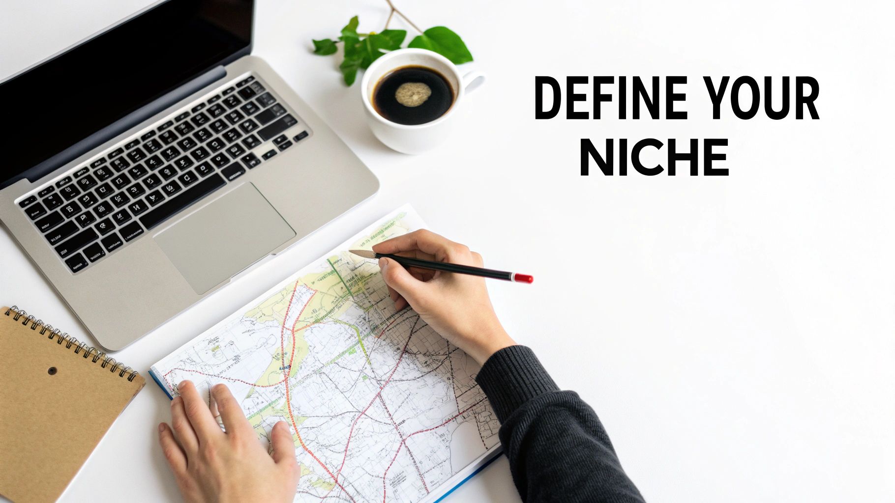 Person's hands with a pencil pointing at a map on a white desk, alongside a laptop, coffee, and a notebook, with text 'DEFINE YOUR NICHE'.