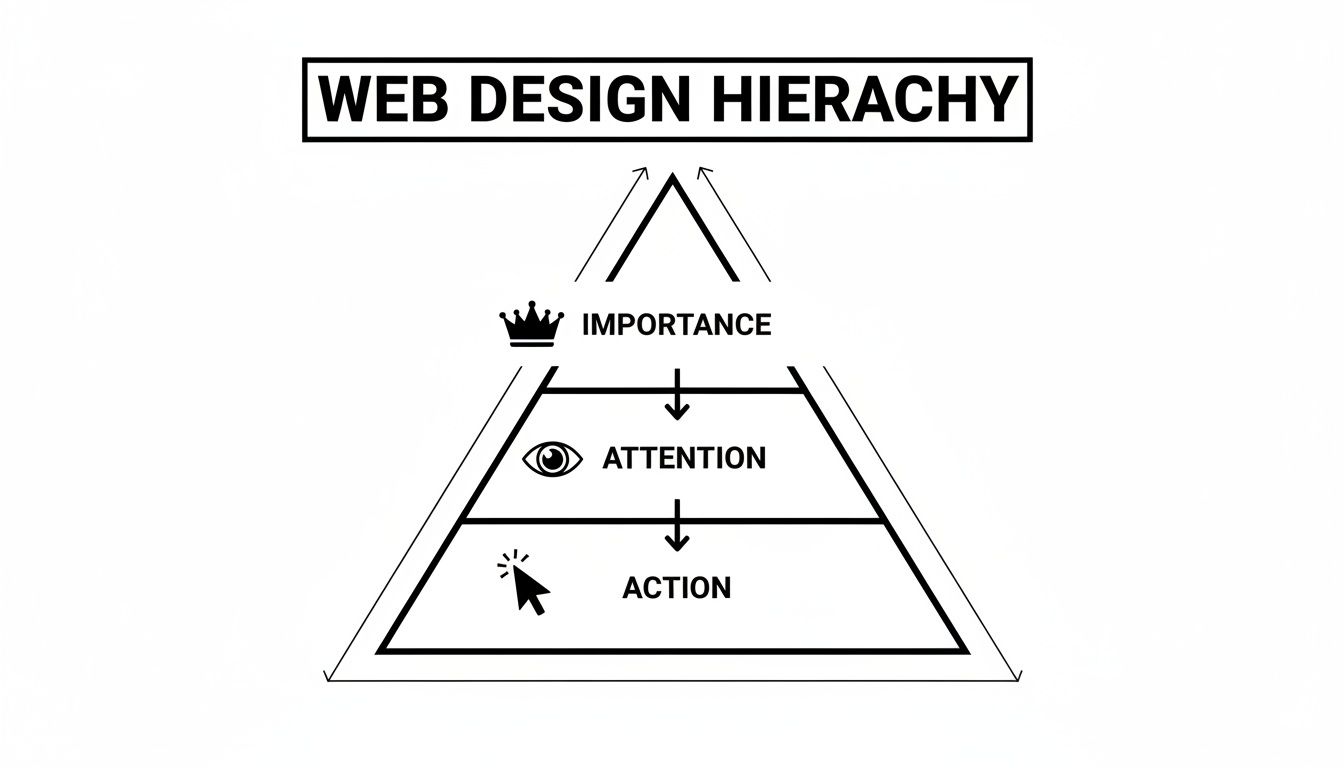 A diagram titled 'WEB DESIGN HIERARCHY' showing a pyramid with 'Importance' at the top, then 'Attention', and 'Action' at the bottom.