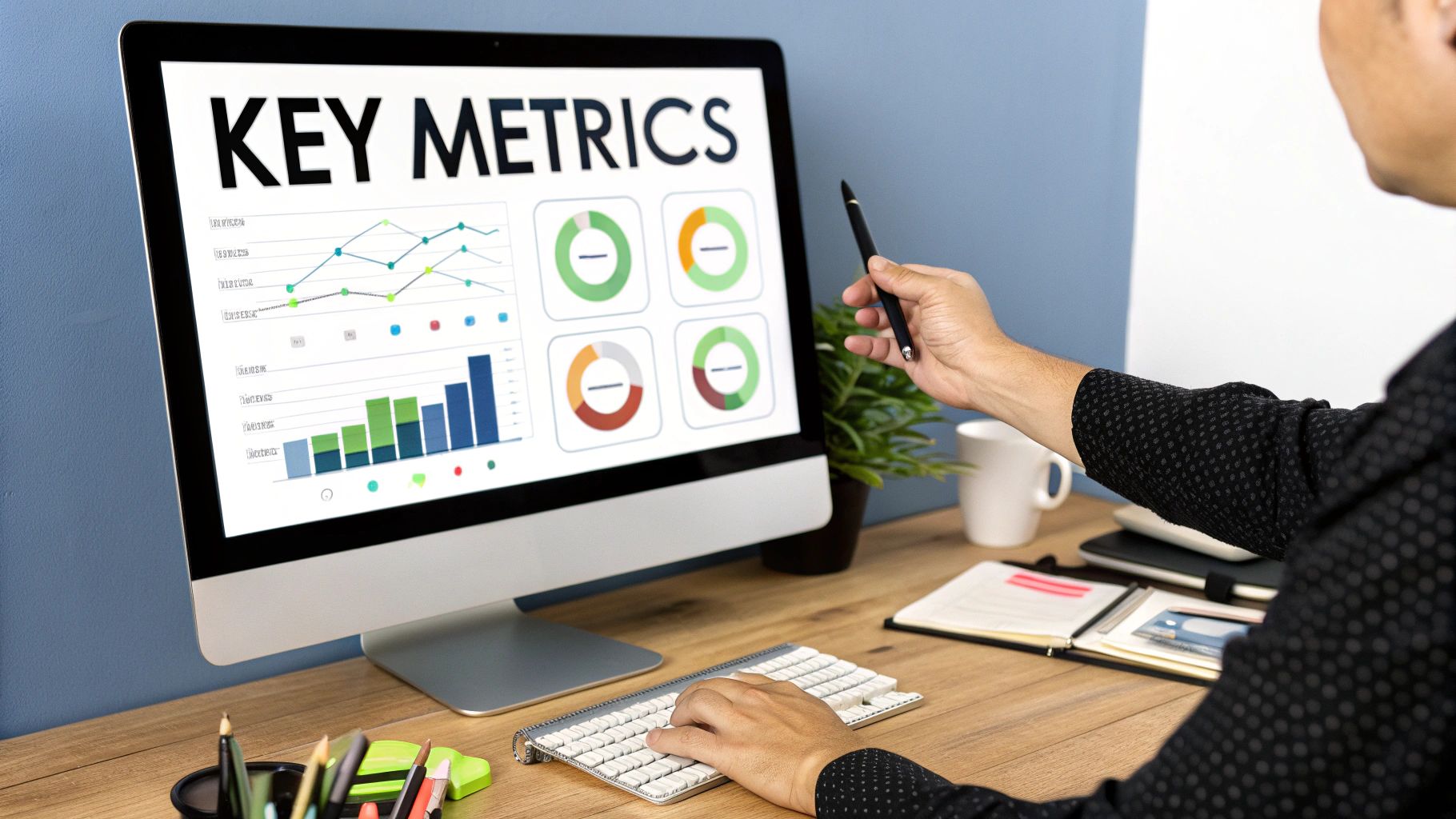A person analyzing key metrics and data visualizations on a computer monitor with charts.