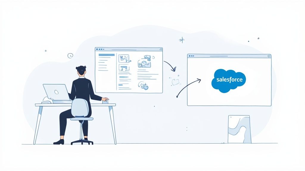 Personne travaillant sur l'intégration entre Salesforce et d'autres applications professionnelles sur ordinateur