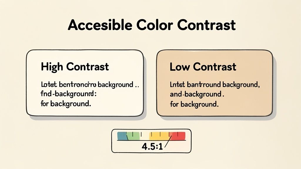 An illustration showing accessible color contrast, comparing high and low contrast text examples with a 4.5:1 ratio indicator.