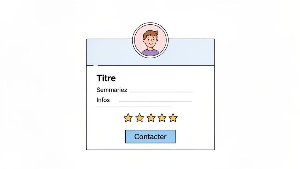 Carte de profil avec avatar, champs de texte, cinq étoiles et bouton 'Contacter', idéale pour la génération de leads.
