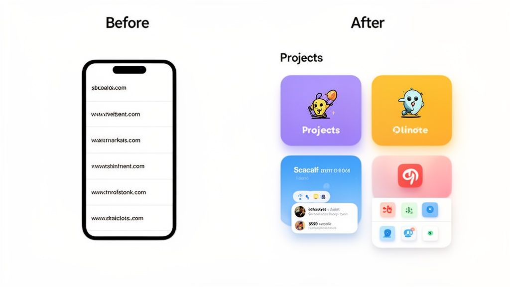Comparison showing a basic list of website URLs on a phone transforming into vibrant, app-like digital cards with icons.