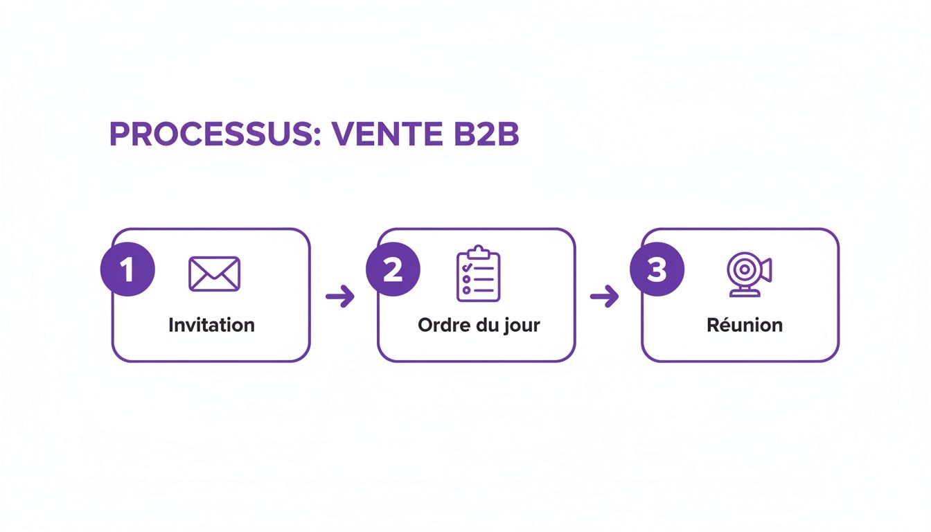 Infographie violette décrivant le processus de vente B2B en trois étapes: invitation, ordre du jour et réunion.