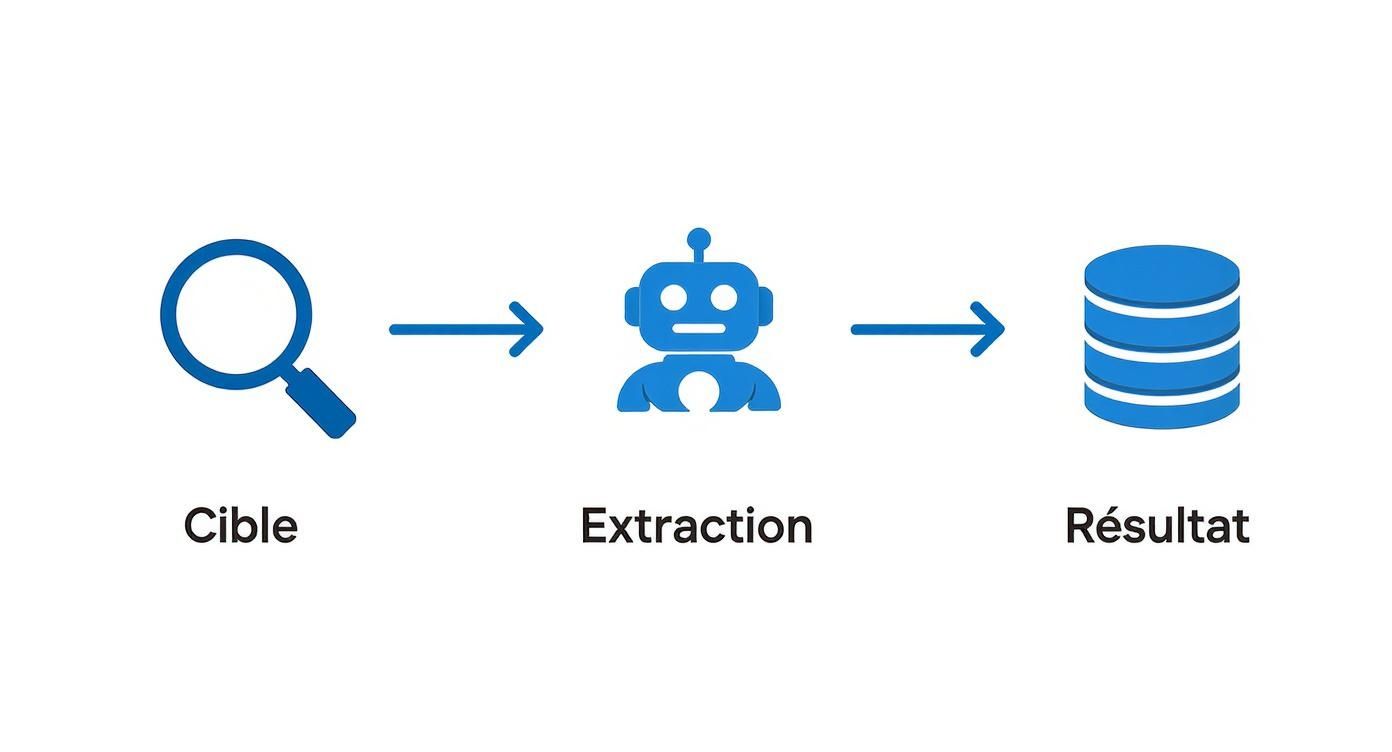 Diagramme montrant le processus d'extraction de données: une cible, un robot d'extraction, et une base de données de résultats.