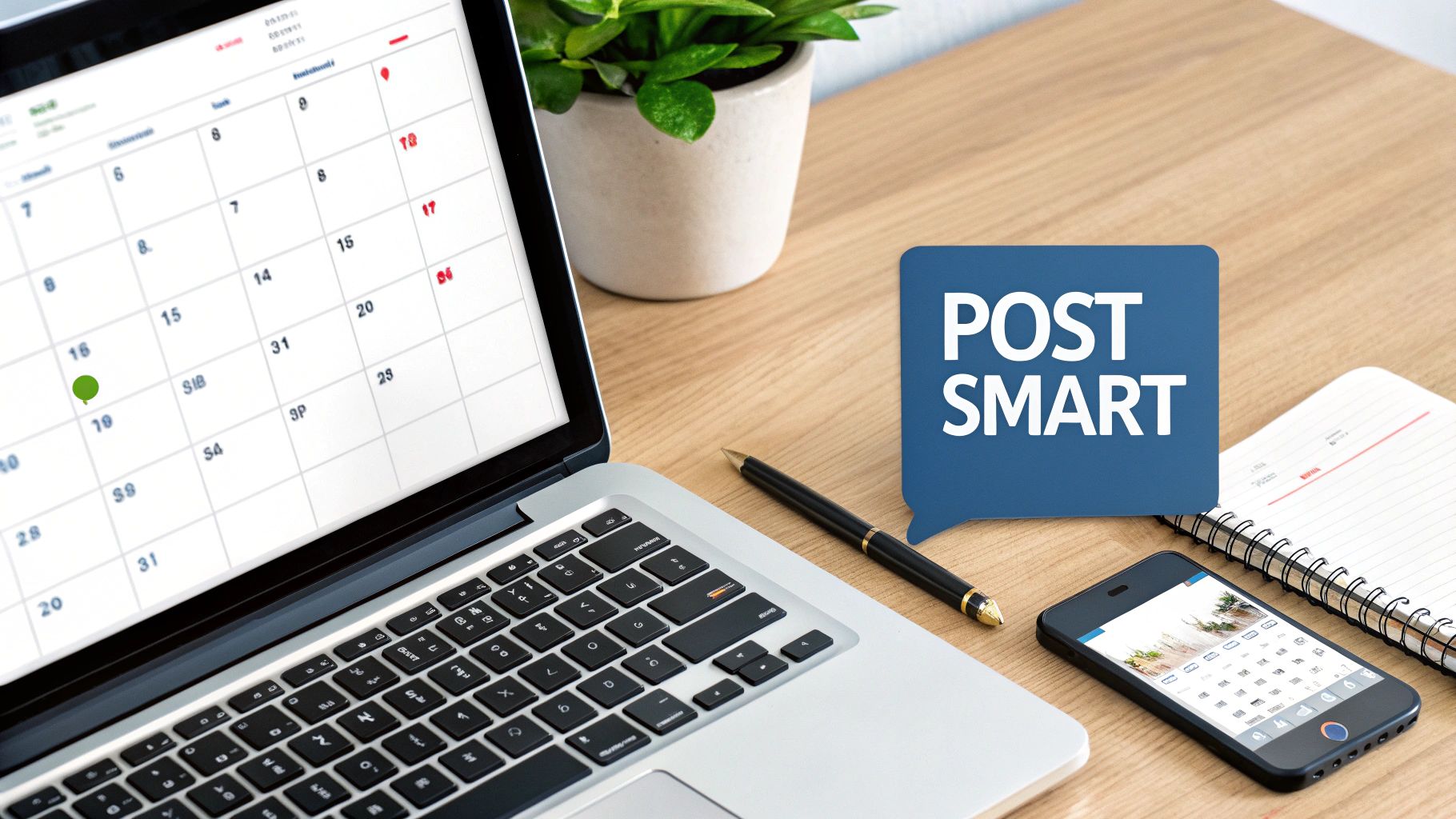 A desk setup with a laptop showing a calendar, a 'POST SMART' bubble, a phone, and a notebook.