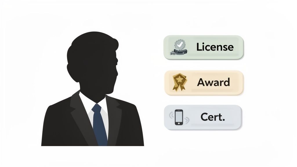 A silhouette of a man in a suit next to three buttons representing professional qualifications: License, Award, and Cert.