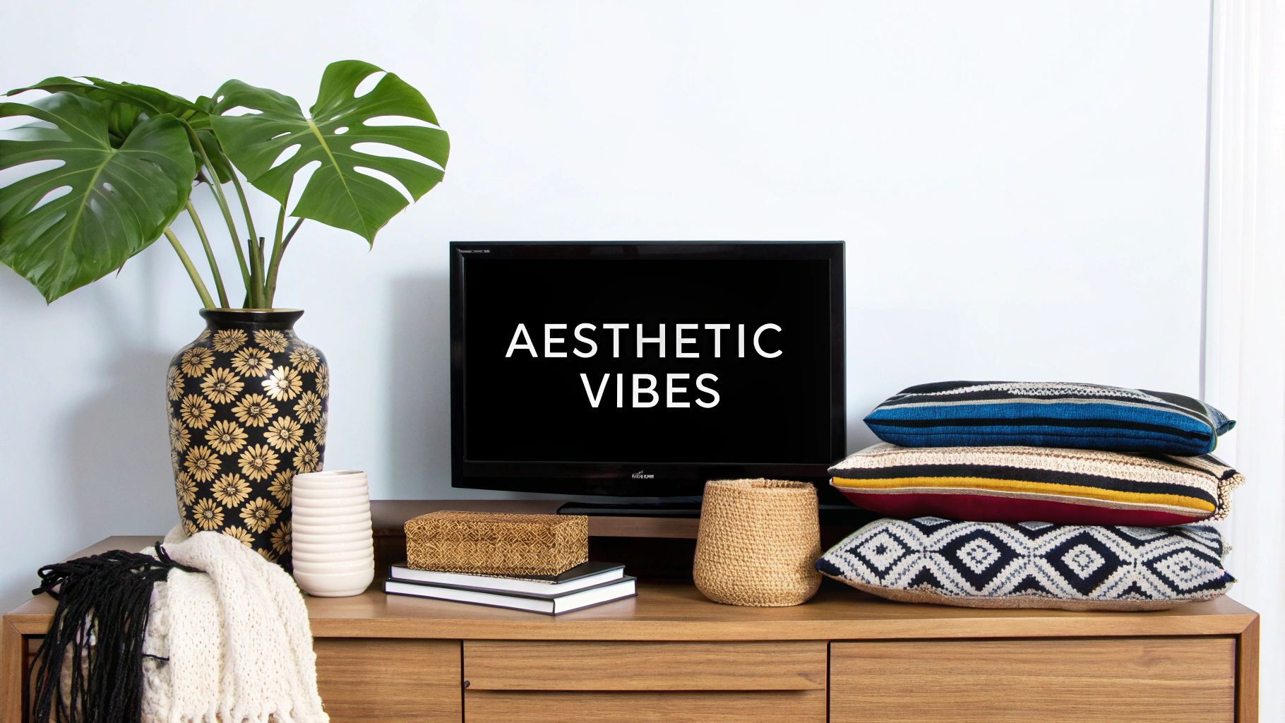 A TV displaying 'AESTHETIC VIBES' on a wooden console, surrounded by a plant, books, and colorful pillows.