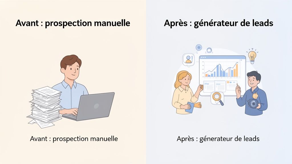 Comparaison visuelle entre la prospection manuelle, avec un homme et des papiers, et l'efficacité d'un générateur de leads digital.