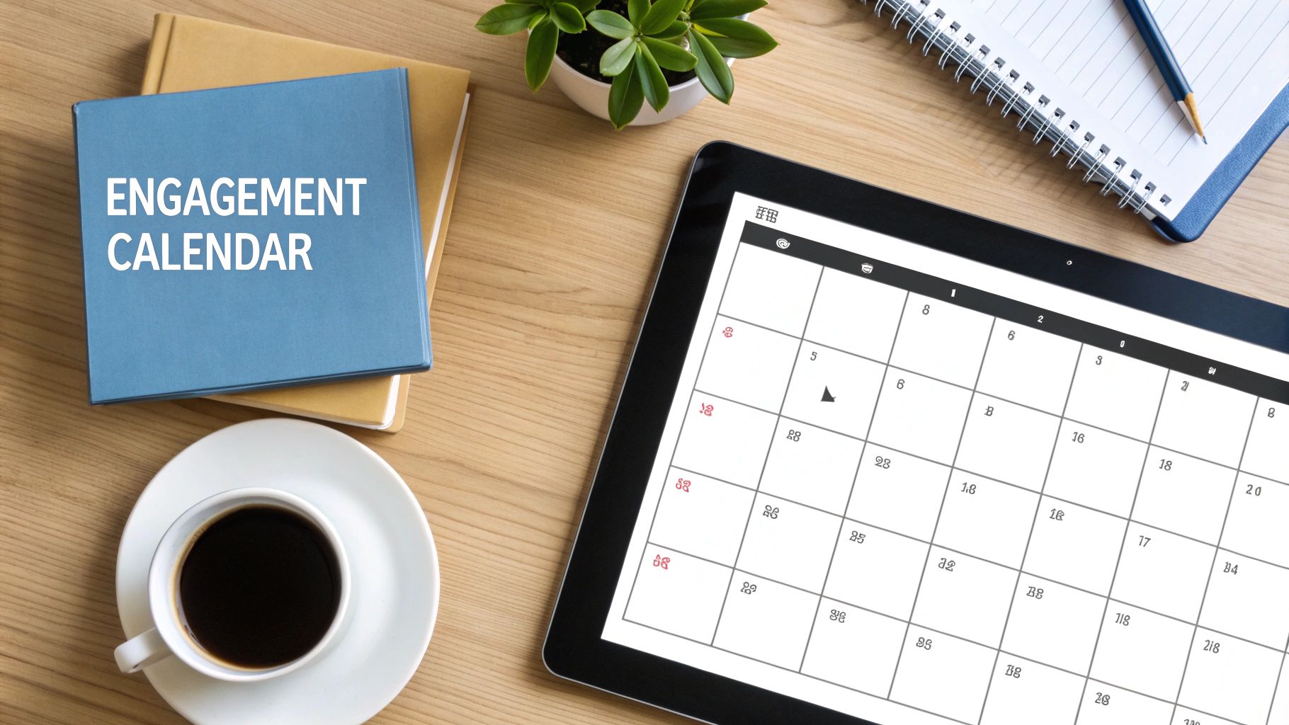 Overhead shot of a workspace with an 'Engagement Calendar' book and a digital calendar on a tablet.