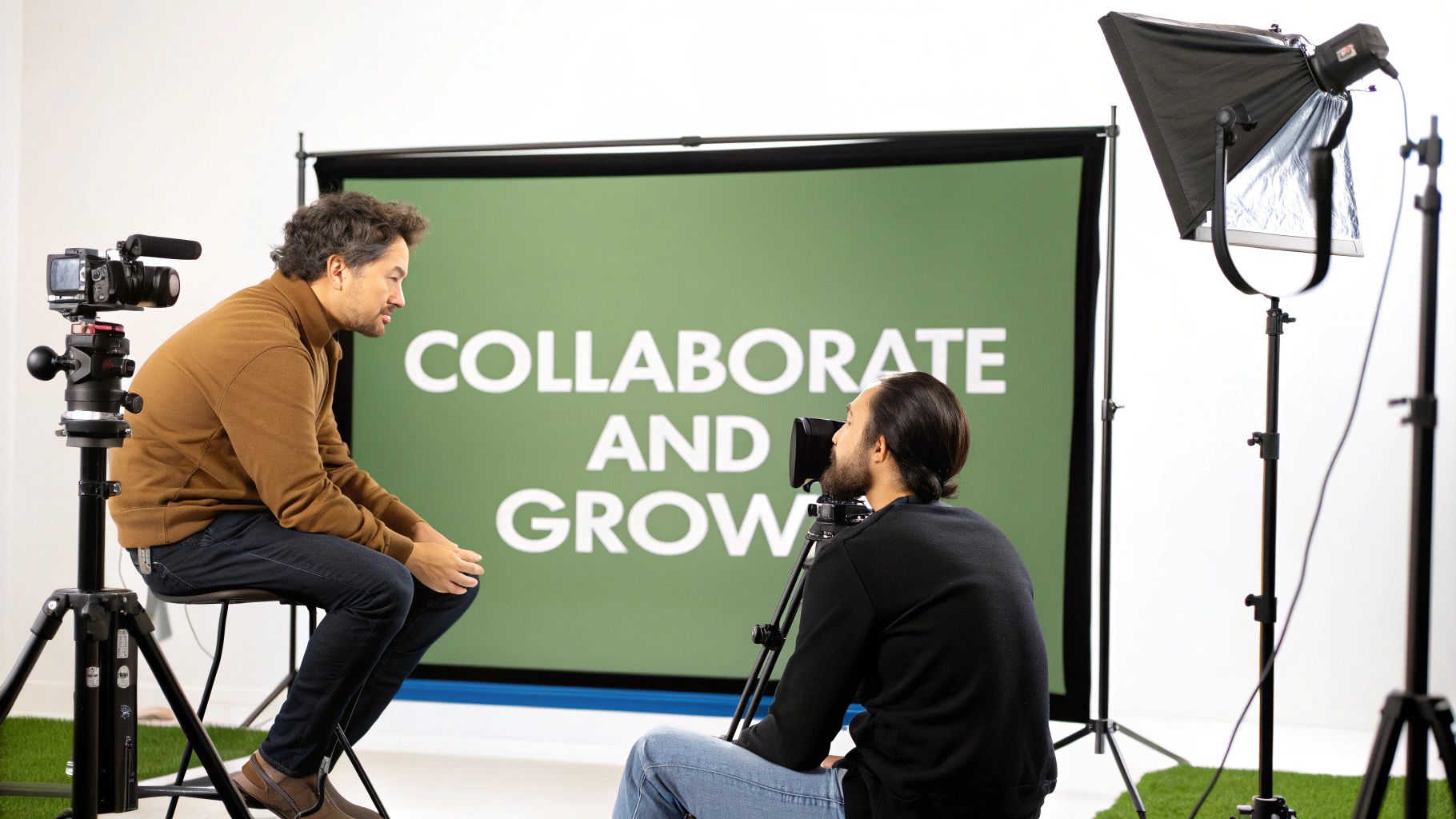 Two men in a studio, one being filmed against a green screen with "COLLABORATE AND GROW" slogan.