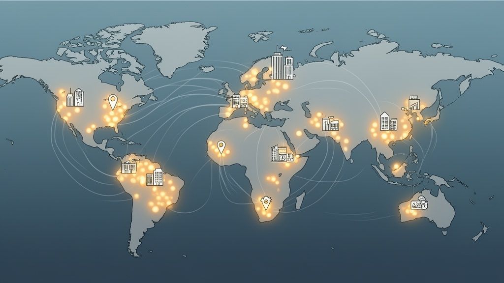 Carte du monde illustrant des bâtiments connectés et des points lumineux symbolisant un réseau global.