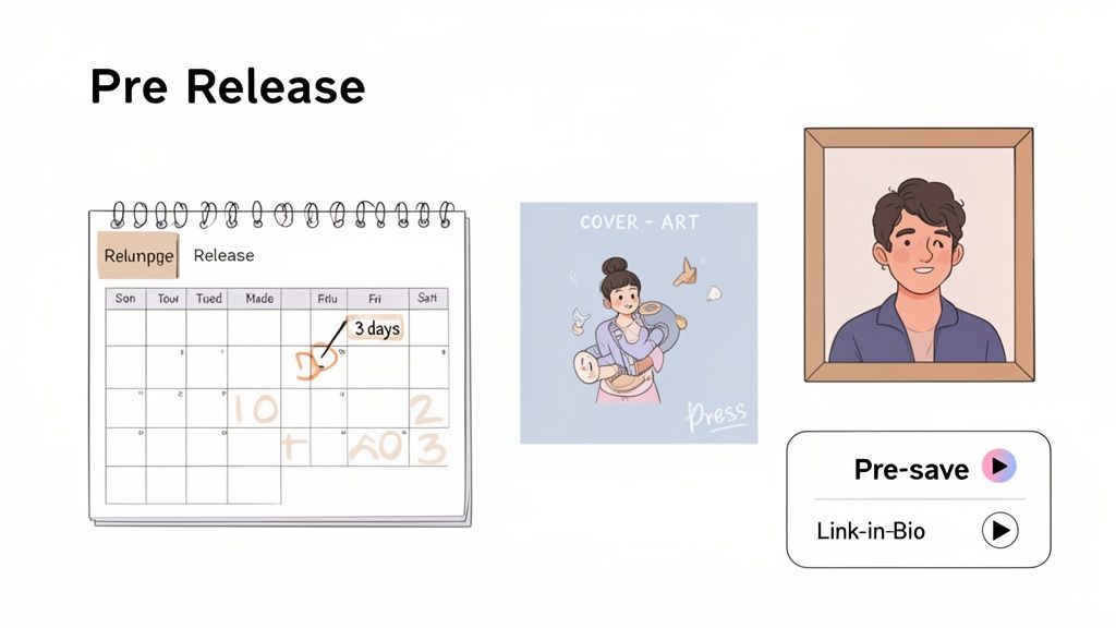 A 'Pre Release' plan outlining steps with a calendar, cover art, artist portrait, and pre-save link options.