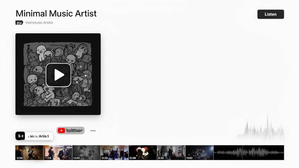 A minimalist music artist's profile page with album art, a play button, video thumbnails, and a 'Listen' button.