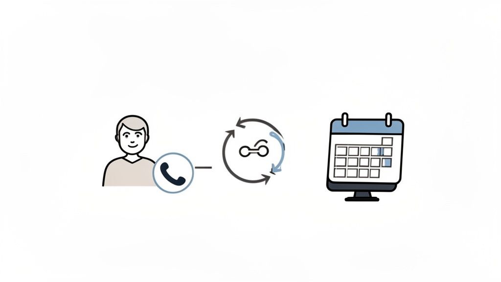 Icône d'une personne au téléphone, connectée à un calendrier via un symbole de planification de rendez-vous.