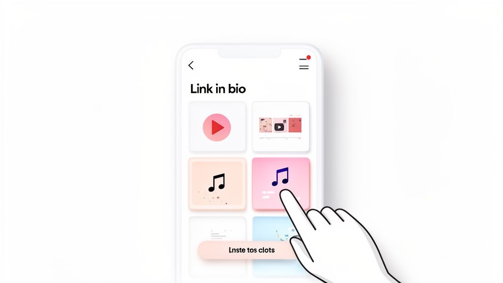 A hand taps a music icon on a smartphone's 'Link in bio' screen, showing various content options.