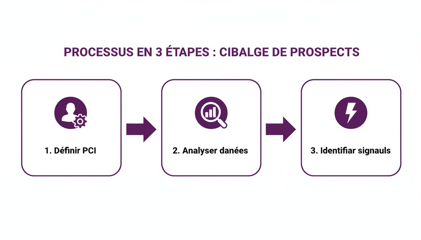 Diagramme illustrant un processus de ciblage de prospects en 3 étapes : définir PCI, analyser données, identifier signaux.