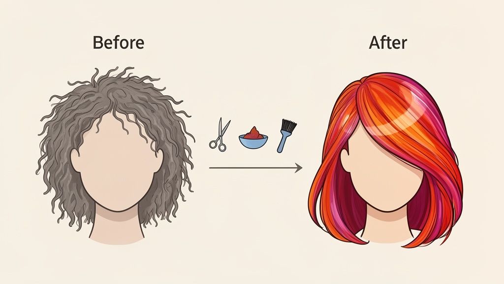 Illustration showing a hair makeover, from messy gray curls to a sleek, colorful bob.