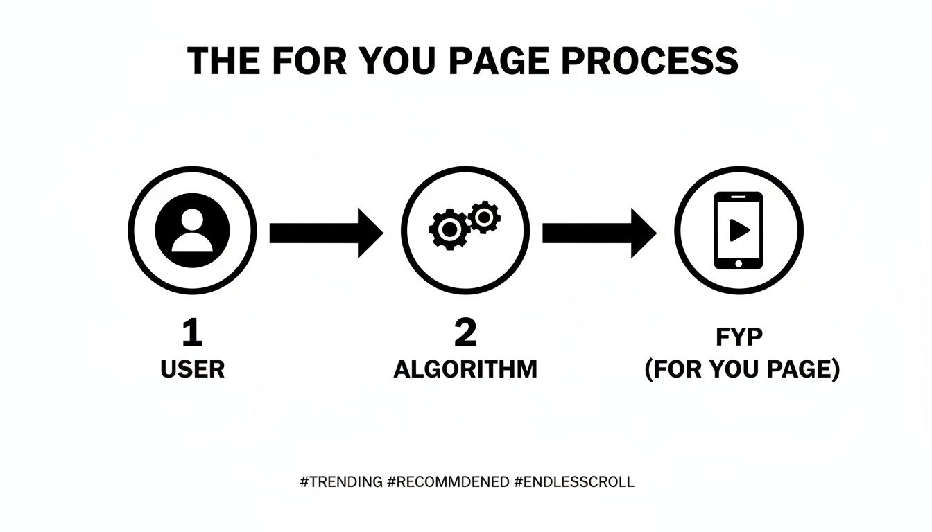Flowchart illustrating the TikTok For You Page process: user interaction, algorithm processing, and content delivery.