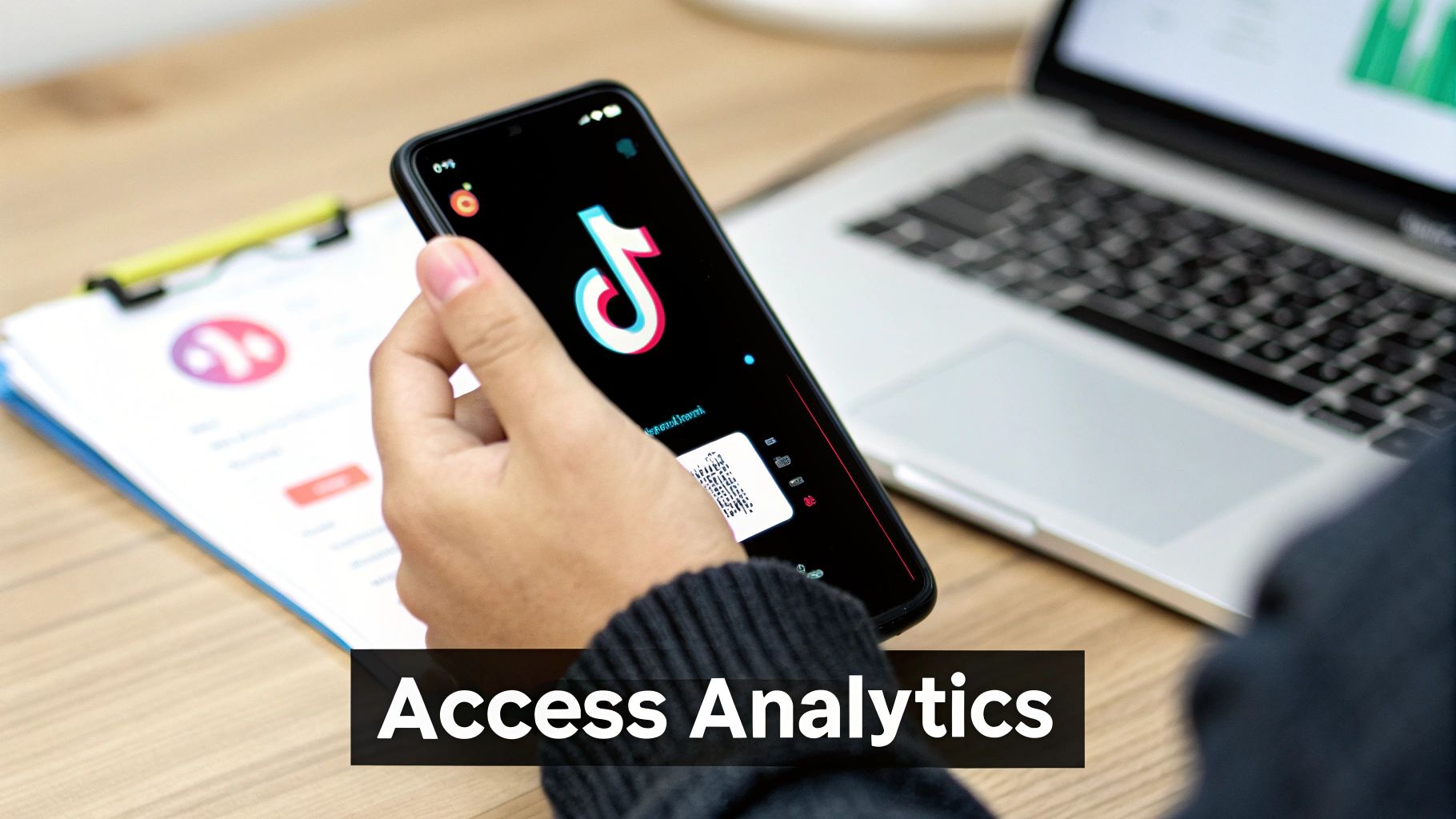 A person holds a smartphone displaying the TikTok logo, with a laptop showing analytics charts.