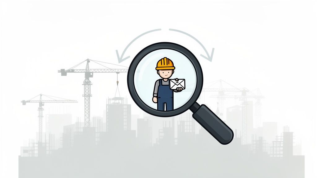 Une loupe examine un ouvrier du BTP tenant une enveloppe sur un fond de chantier avec des grues.