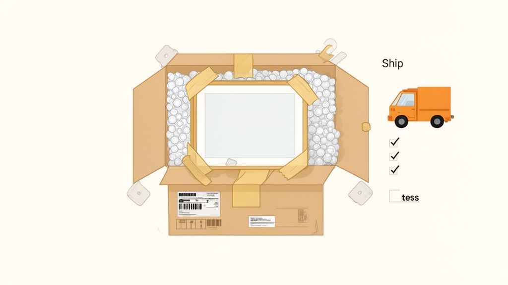 Artwork securely packaged in an open cardboard box with foam peanuts and tape, next to a delivery truck.