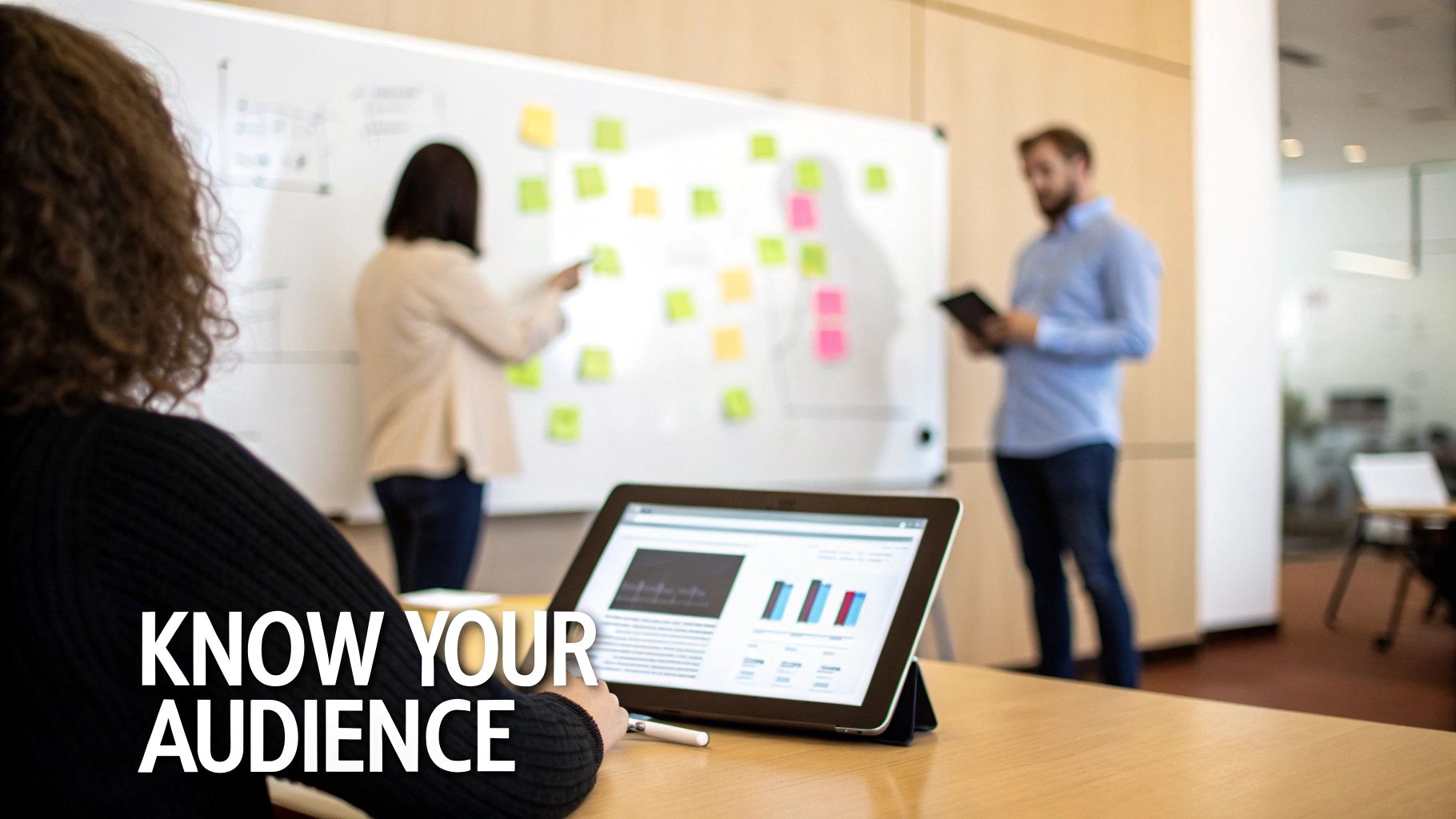 A person views data on a tablet while two others brainstorm with sticky notes on a whiteboard in an office.