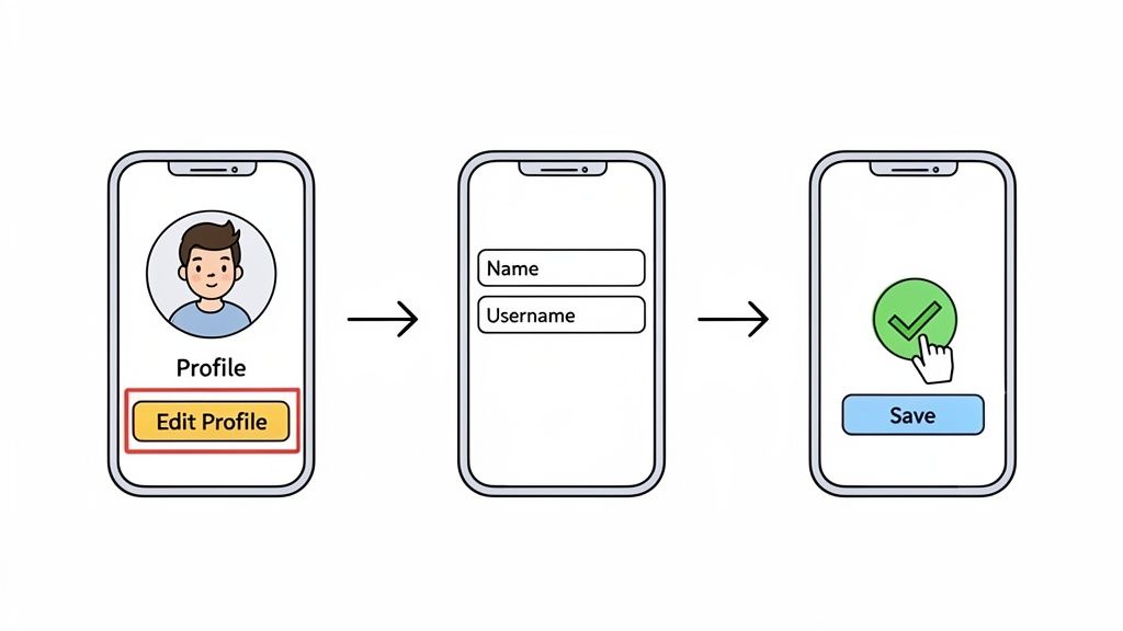 A smartphone tutorial showing how to edit a user profile, from viewing to updating name and username, then saving.