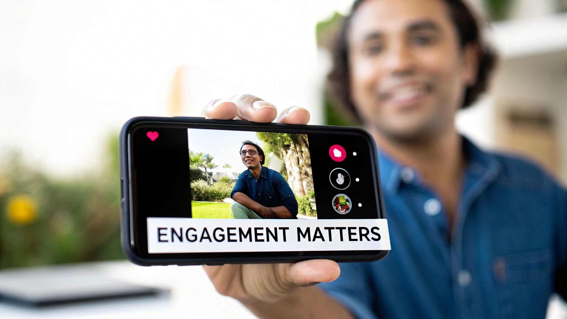 A man holds a smartphone displaying a smiling man outdoors with 'ENGAGEMENT MATTERS' text.