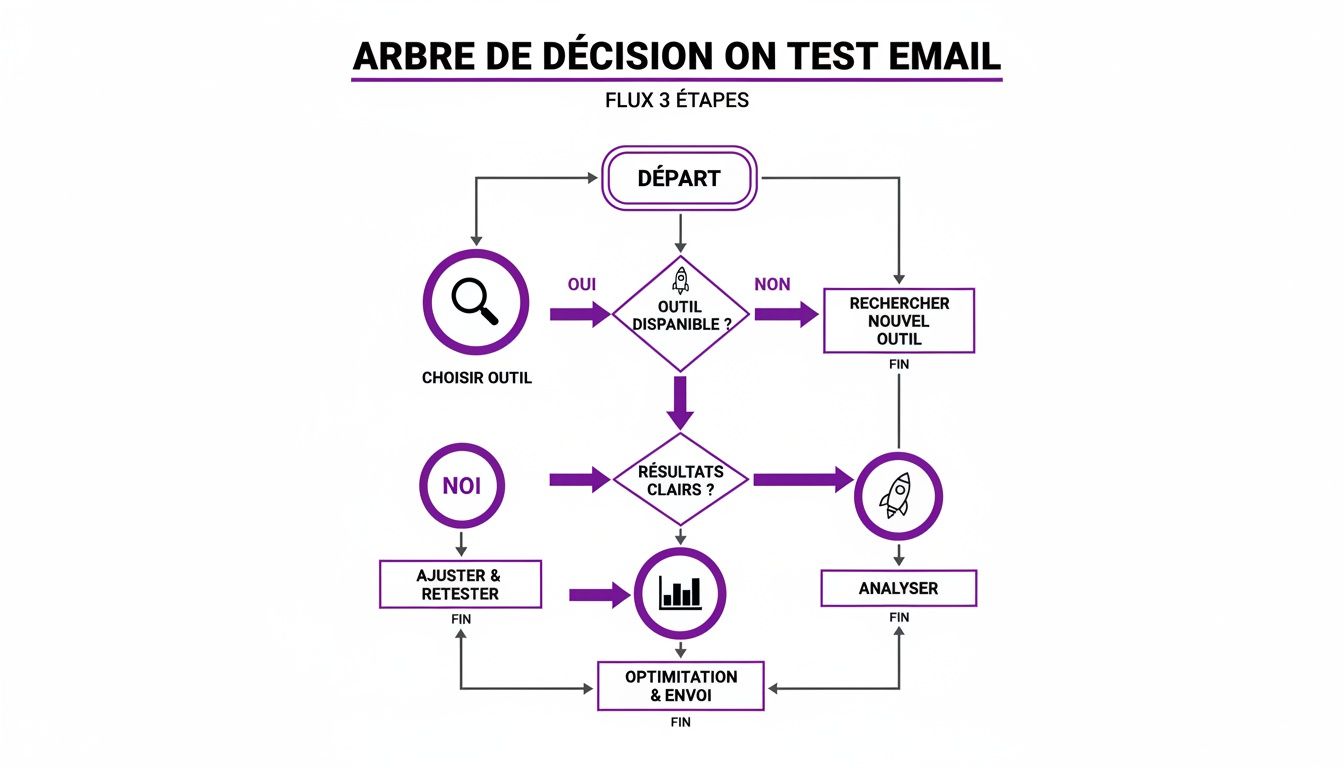 Diagramme de flux détaillé pour un arbre de décision de test email, couvrant le choix, l'analyse et l'optimisation des outils.