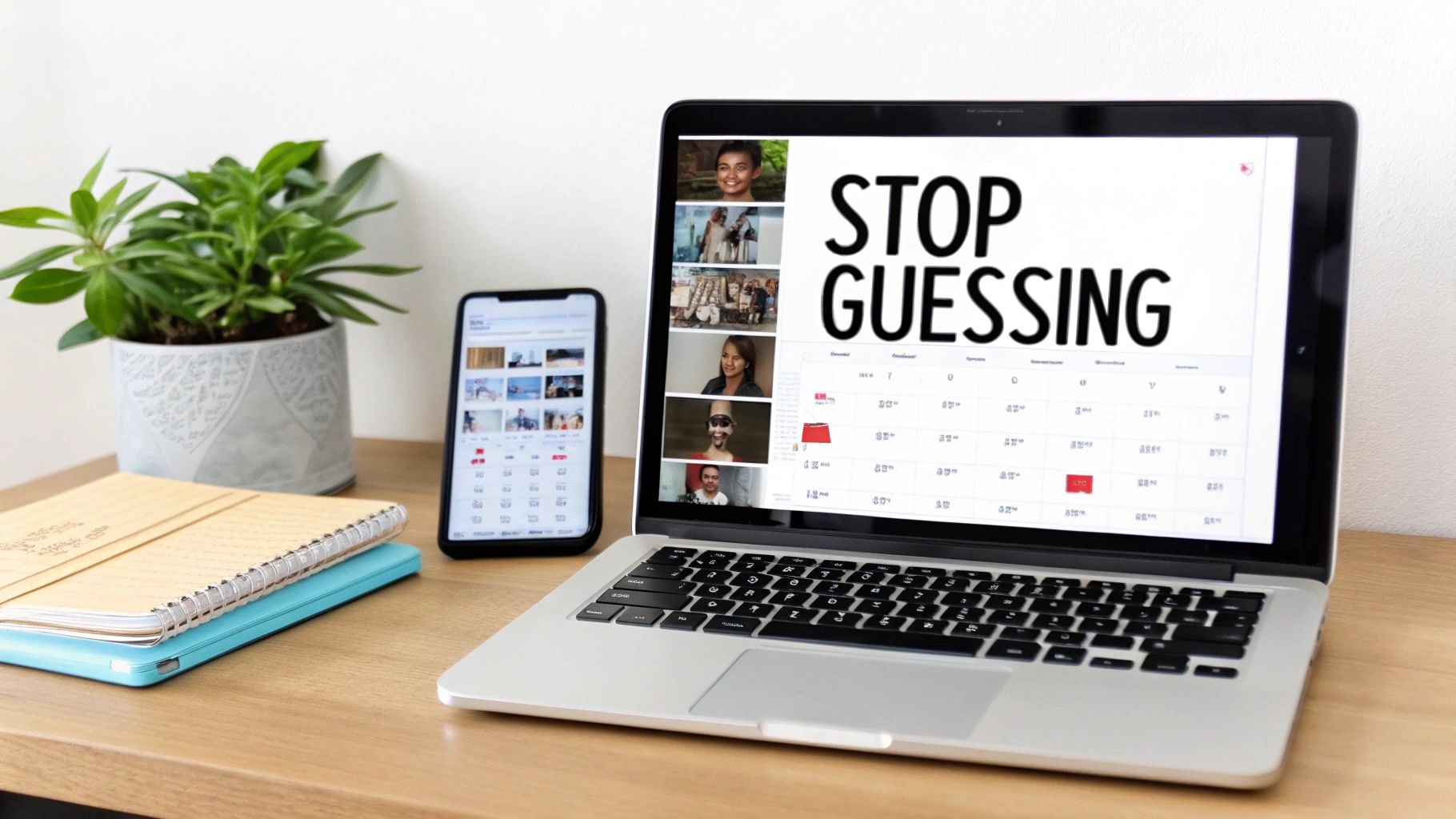 A modern workspace with a laptop displaying 'STOP GUESSING', a smartphone, a plant, and notebooks.