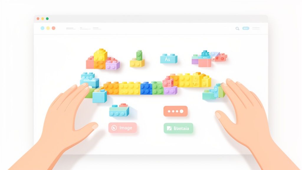 Hands building a website on a screen using colorful drag-and-drop blocks, symbolizing easy page building.