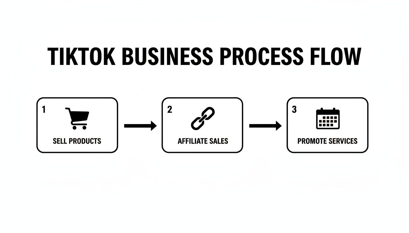 A TikTok business process flow showing how to make money through selling products, affiliate sales, and promoting services.