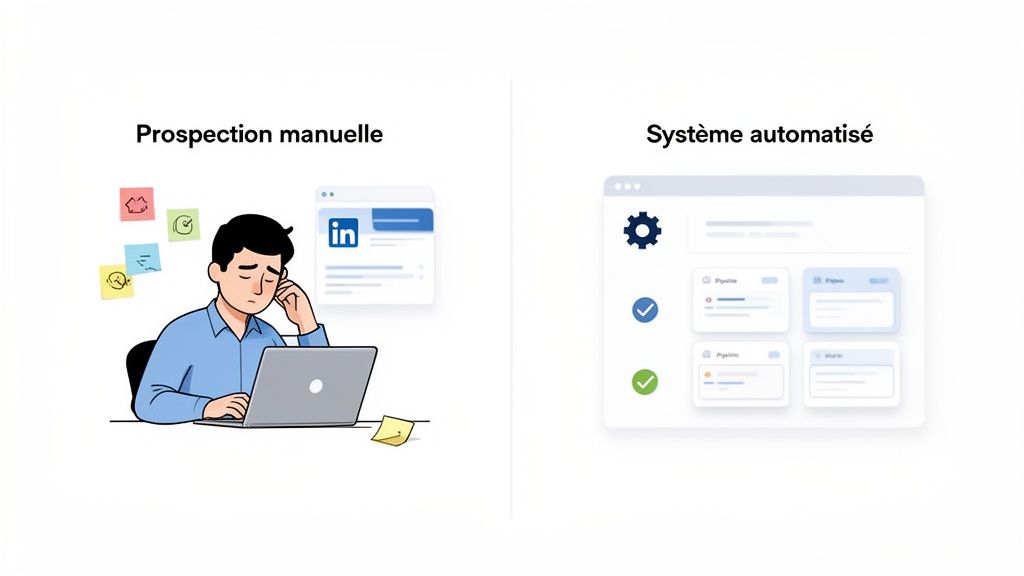 Comparaison visuelle entre un homme fatigué faisant de la prospection manuelle et un système automatisé efficace.