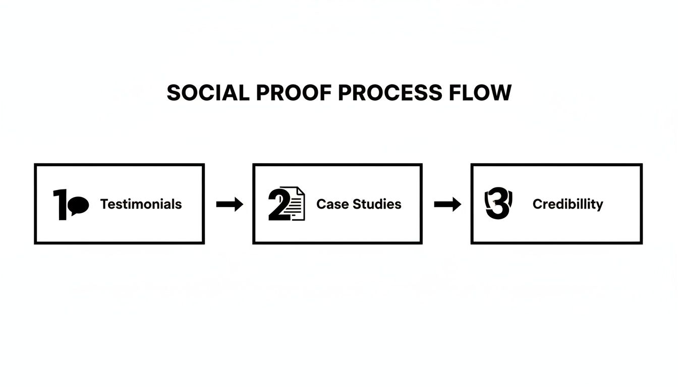 A social proof process flow diagram showing steps from testimonials to case studies and credibility.