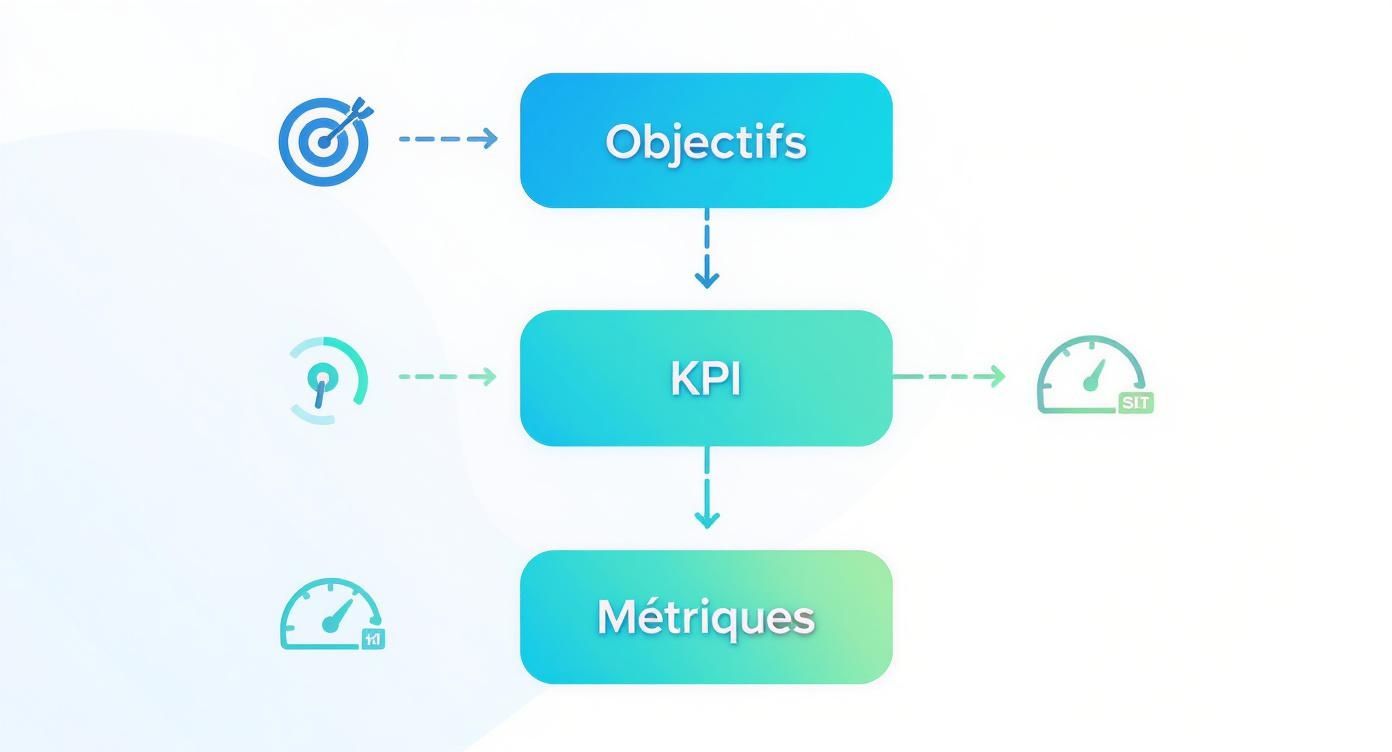 Infographie sur la hiérarchie entre objectifs, KPI et métriques pour la performance commerciale