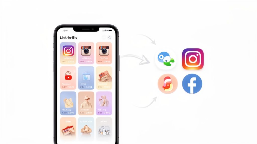 A smartphone displaying a 'Link-In-Bio' app connecting to various social media platforms like Instagram and Facebook.