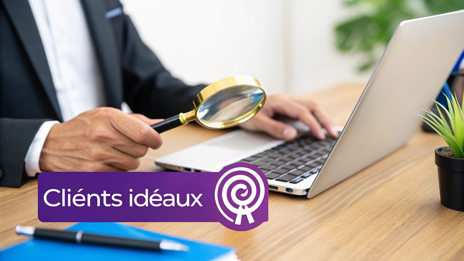 Une loupe inspectant des profils LinkedIn pour trouver des prospects idéaux.