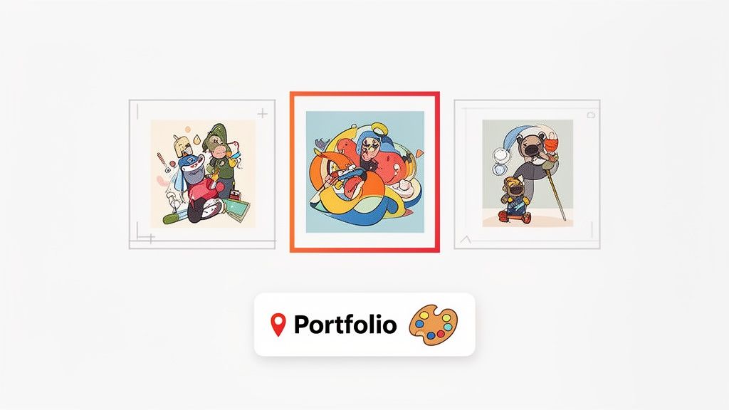 Three colorful digital artworks, with an abstract piece highlighted, presented above a 'Portfolio' button.