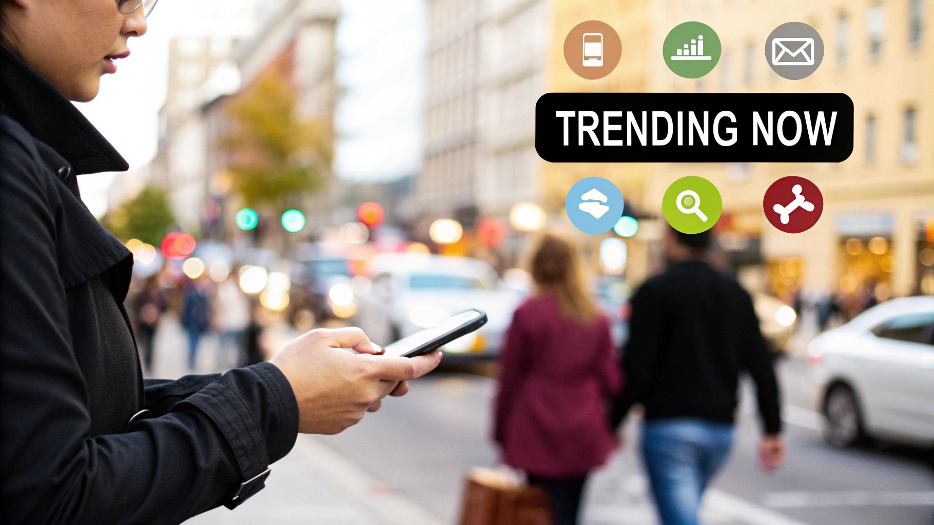 Person checking a smartphone on a busy city street with 'TRENDING NOW' text and app icons.