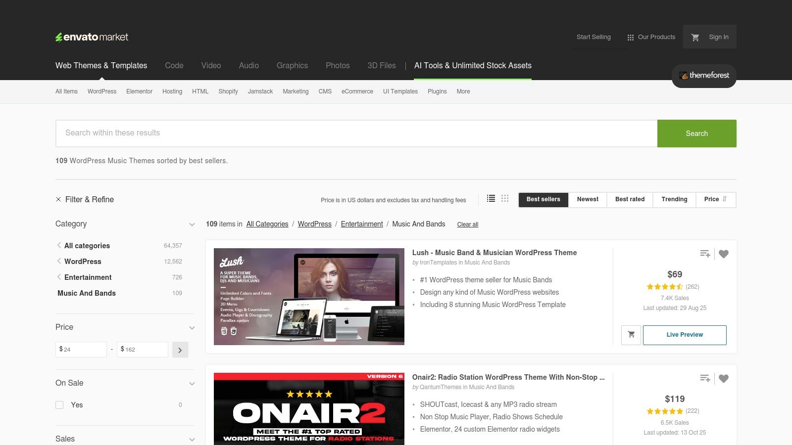 ThemeForest (Envato) — Music & Bands WordPress themes