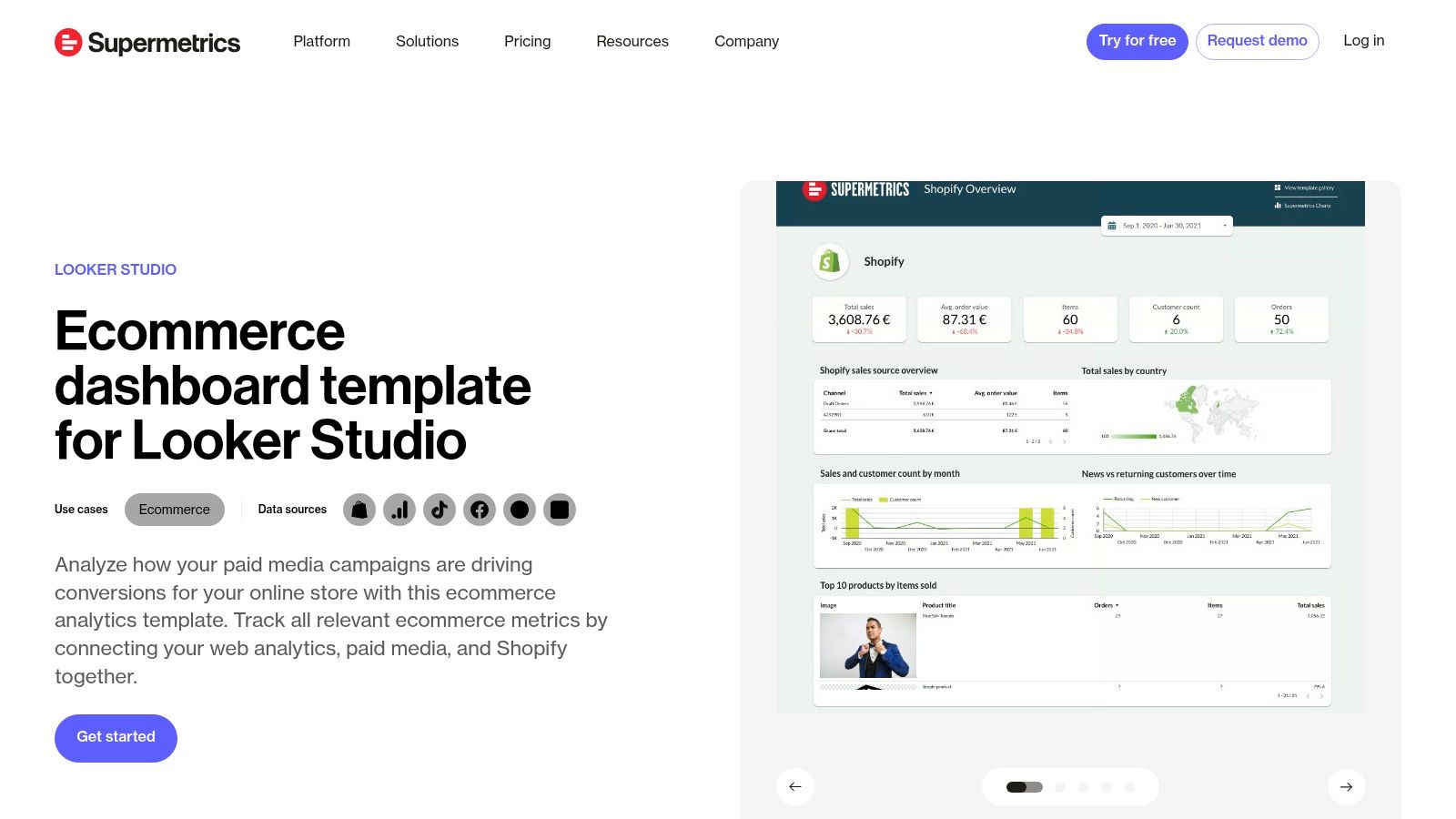 Exemple de tableau de bord commercial sur Supermetrics