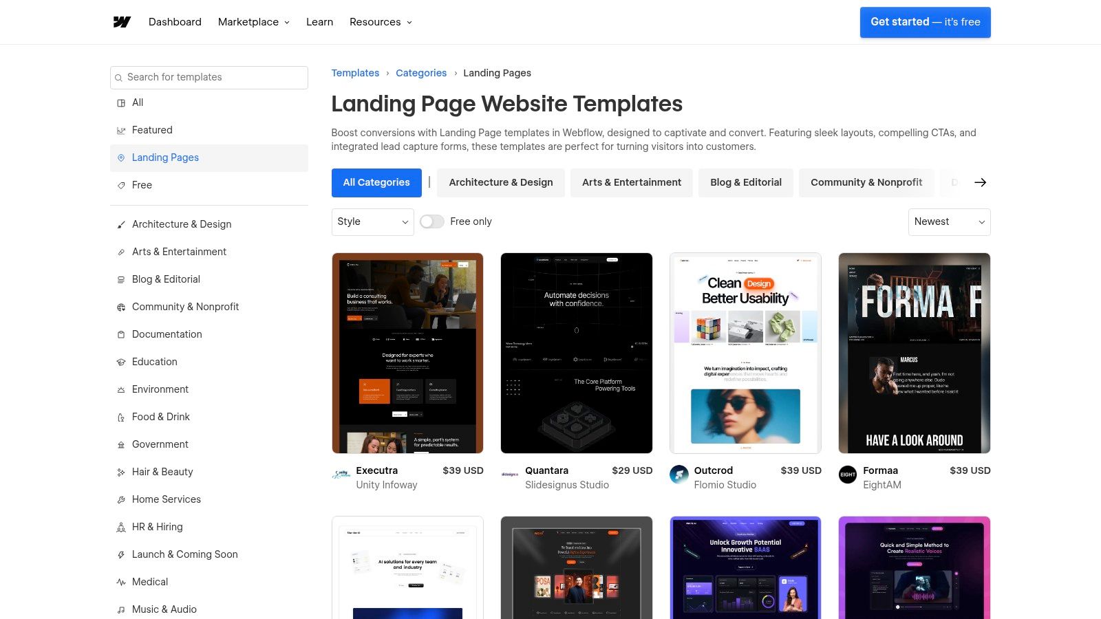 A screenshot of the Webflow Templates website showcasing various landing page templates with email capture forms.
