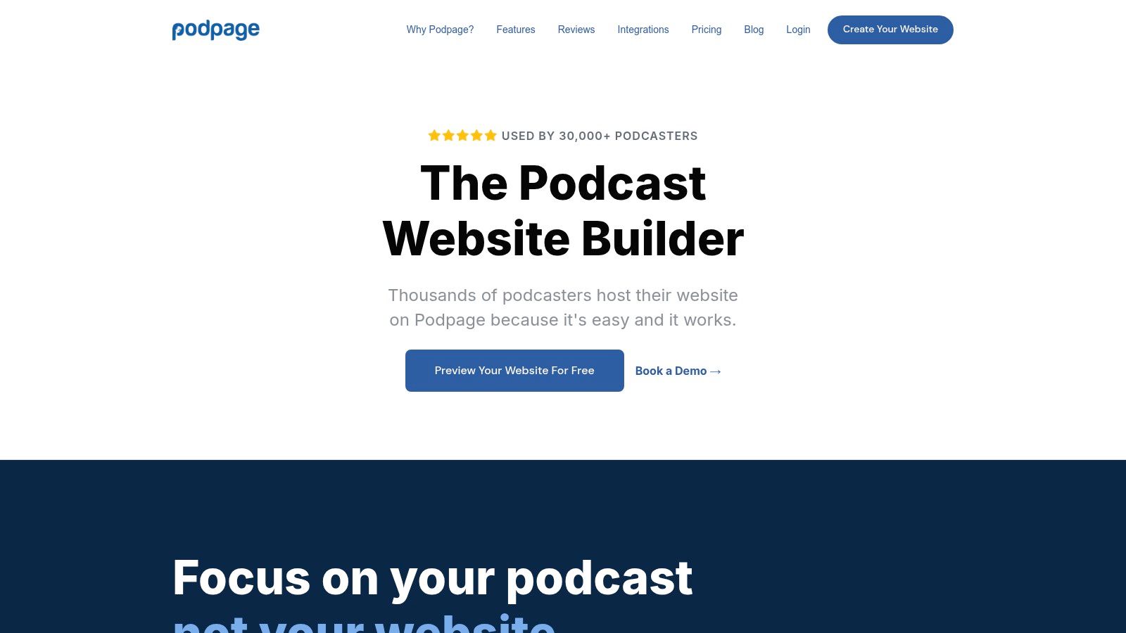 A screenshot of the Podpage website builder, showcasing a clean, modern template for a podcast landing page.