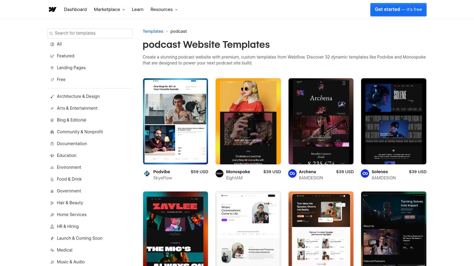 A screenshot of the Webflow Templates marketplace, showing several stylish podcast website templates.