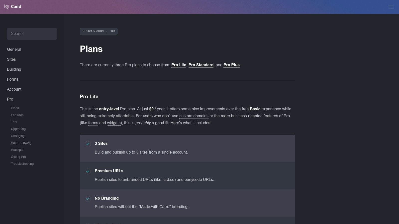 A screenshot of the Carrd website showing its affordable Pro pricing plans.
