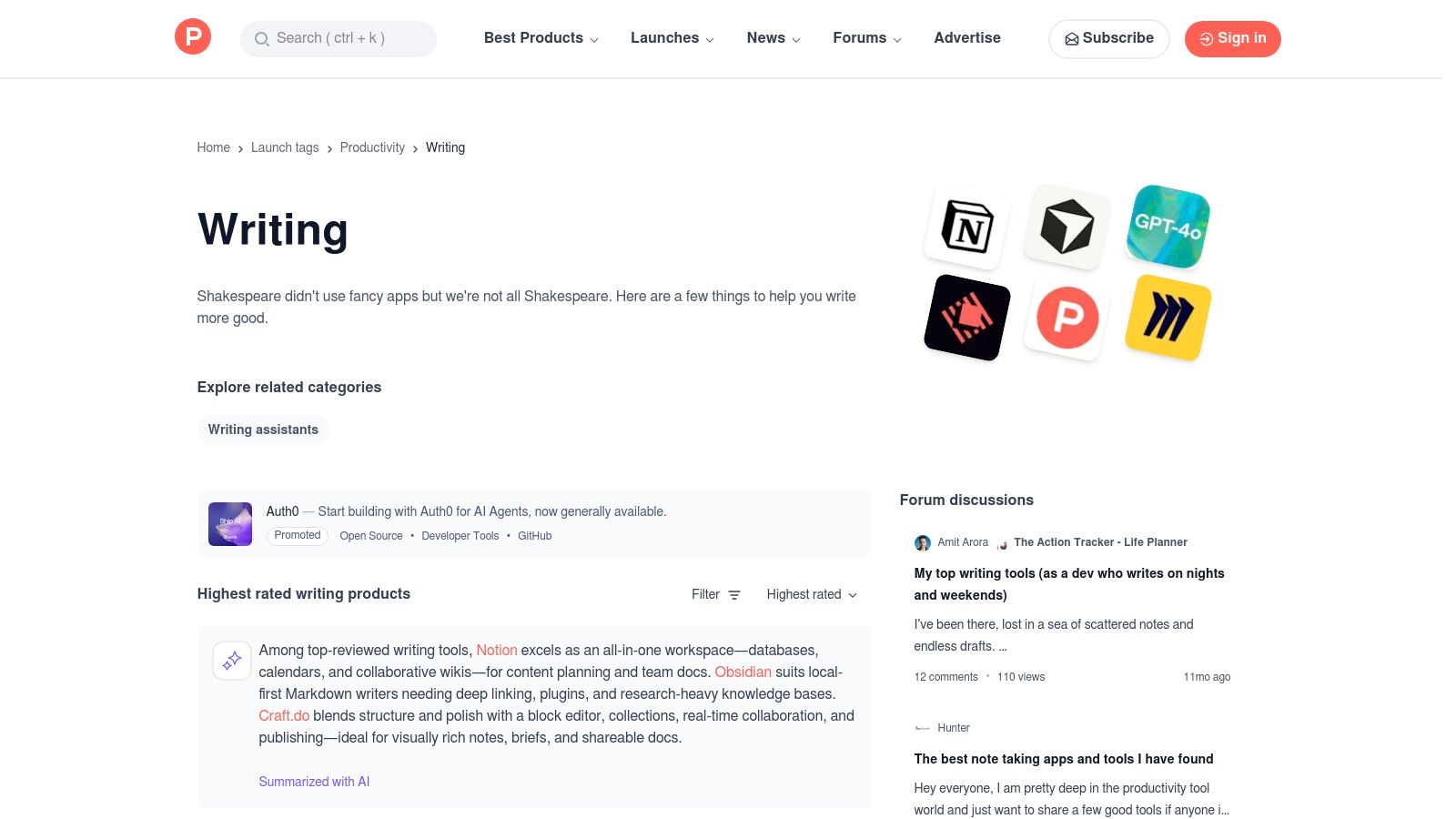Product Hunt — Writing/AI writing topics
